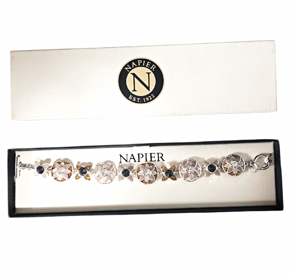 Napier Silver Tone Flower Link Cable Chain Bracelet Clear Blue Crystals Toggle